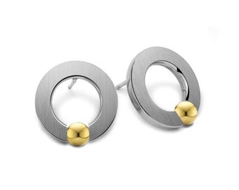 ABBRACCI Flat round stud earrings with tension set gold sphere in stainless steel