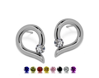 ONDE tubular teardrop shaped earrings with tension set white sapphire in stainless steel