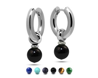 Stainless Steel Dangle Hoop Earrings | Gemstone Sphere Drop | Gocce Huggie Style