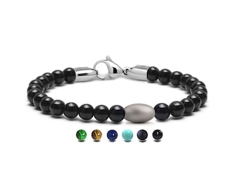 SPIRITUAL 6mm Black Onyx beads bracelet with oval brushed element in stainless steel