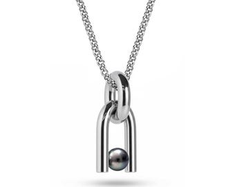 Tension Set Black Pearl Pendant | Minimalist U-Frame Stainless Steel | Modern Unisex | Nexus