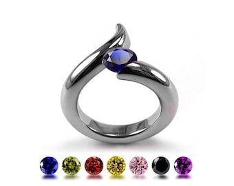 ONDE Swirl bypass ring with tension set gemstone in stainless steel