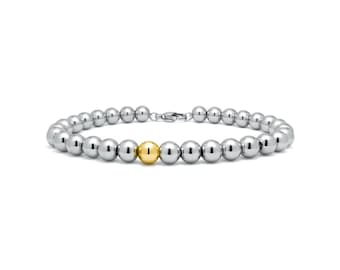 6mm Stainless Steel Beaded Bracelet | Single Gold Accent | Minimalist Two Tone Metal Design