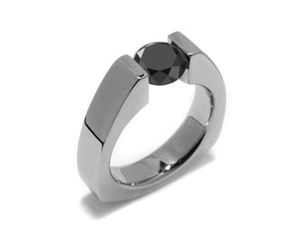 PYRAMID triangular shaped ring with tension set Black Diamond in stainless steel