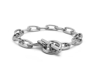 Oval link chain bracelet with Toggle clasp in stainless steel, 14mm