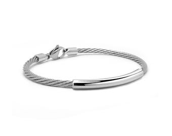 CABLE 3mm bracelet with curved tubular element in stainless steel