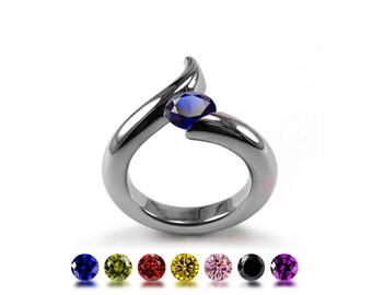 ONDE Swirl bypass ring with tension set gemstone in stainless steel