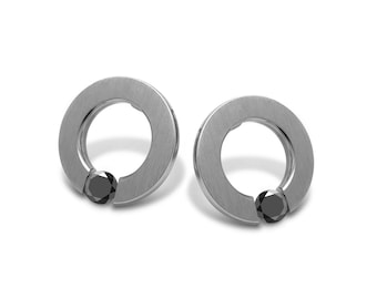 Tension Set Black Diamond O-Ring Stud Earrings | Flat Brushed Stainless Steel | Abbracci