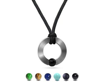 ABBRACCI round flat pendant with tension set semiprecious sphere in stainless steel
