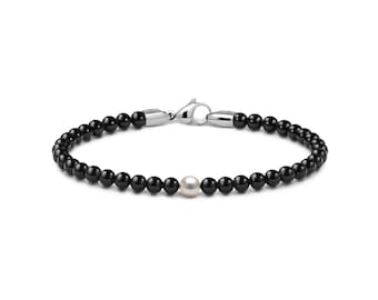 SPIRITUAL 4mm Black Onyx beads bracelet with White Pearl in stainless steel
