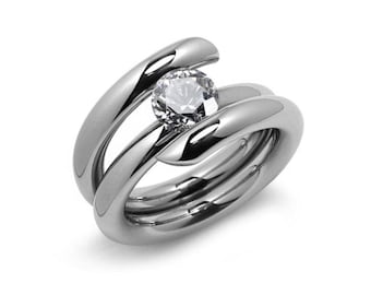 Tension Set White Sapphire Ring | Double Curve High-Set Stainless Steel | Iliana Design