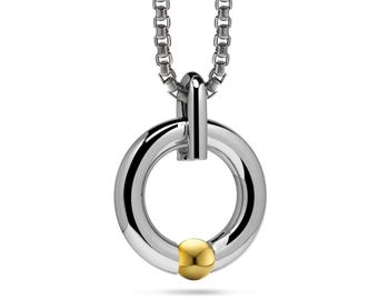 LUNA round tubular pendant with tension set gold sphere in stainless steel