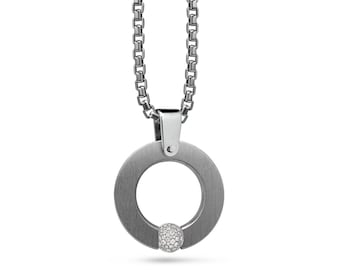 ABBRACCI flat round pendant with tension set Pavé White Sapphire Station in stainless steel