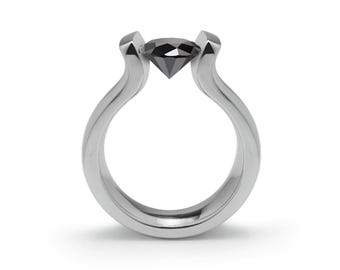 LYRE shaped ring with tension set Black Diamond in stainless steel