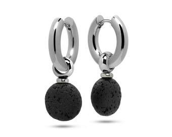VOLCANO tubular hoop earrings with dangling Lava Rock flat spheres in stainless steel