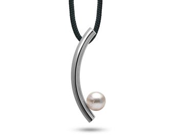 CURVE tubular curved vertical pendant with white pearl in stainless steel