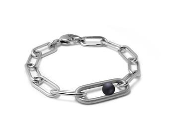 Stainless Steel Paperclip Chain Bracelet with Obsidian sphere