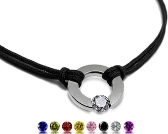 ABBRACCI double rope necklace with center flat ring and tension set colored sapphires in stainless steel