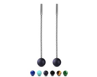 Gemstone Beads Drop Earrings | Stainless Steel Box Chain Dangle Design | Custom Length Available