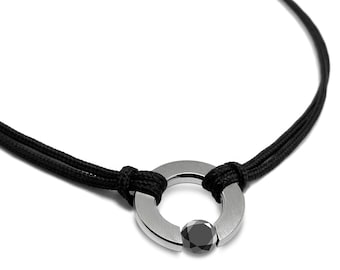 ABBRACCI Double Rope Necklace – Stainless Steel Round Pendant with Tension-Set Black Diamond