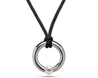 LUNA round tubular pendant with tension set white pearl in stainless steel