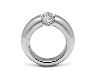 LUNA tapered rounded ring with tension set Pavé White Sapphire Station in stainless steel