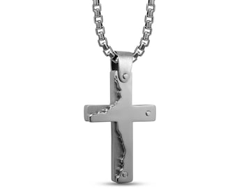 FRACTURE Double layers flat cross pendant in stainless steel