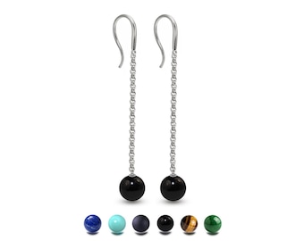 Gemstone Sphere Drop Earrings | Custom Length Available | Steel Dainty Chain Design