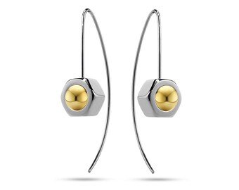 DADO Hex Nut and gold sphere drop earrings in stainless steel