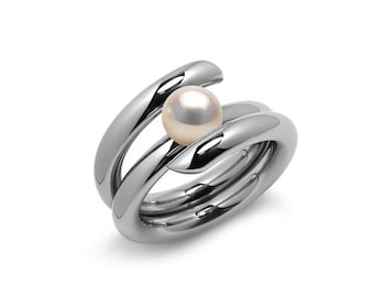 ILIANA High rise setting tubular bypass ring with tension set White Pearl in stainless steel