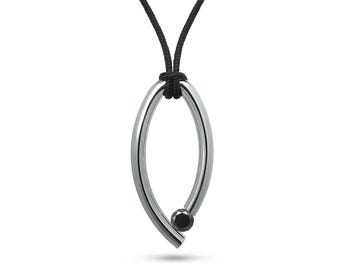 OVUM oval tubular vertical pendant with cord and tension set black diamond in stainless steel