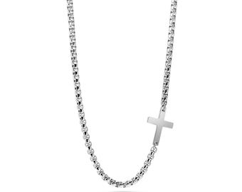 Cross Station box chain necklace in stainless steel, 4mm