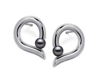 Teardrop Black Pearl Earrings | Sculptural Stainless Steel Tension-Set Fluid Design | Onde