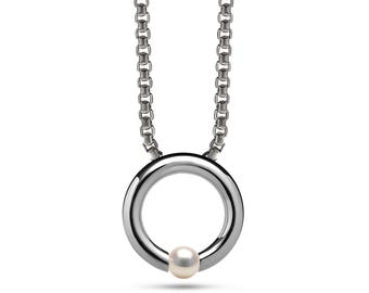 LUNA Necklace | Tension Set White Pearl | Stainless Steel Design