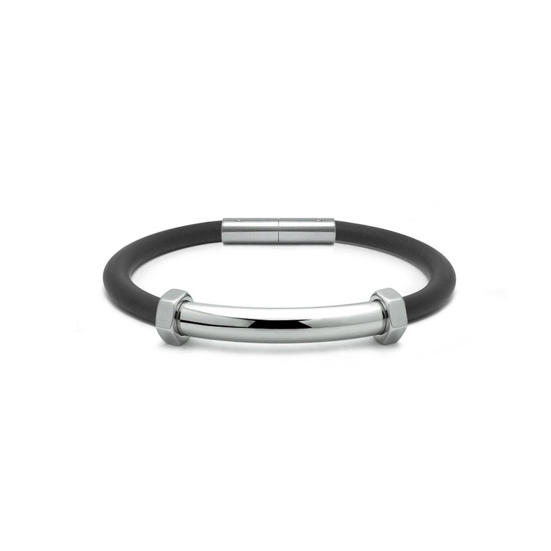 Tubular 5mm black rubber bracelet with curved element, hex nuts details & bayonet clasp in stainless steel By Taormina Jewelry image 1