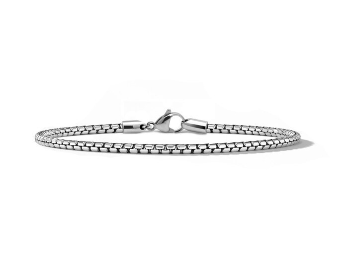 2mm box link chain bracelet in stainless steel by Taormina Jewelry