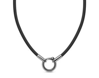 Tubular black rubber necklace with ring clasp in stainless steel