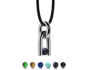 DIAPASON shaped tubular pendant with tension set semiprecious sphere in stainless steel