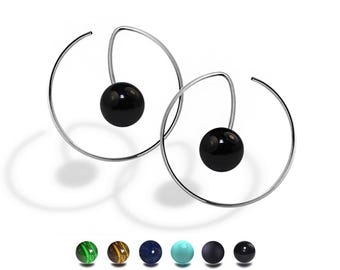 FILO round shaped wire drop earrings with semiprecious sphere in stainless steel