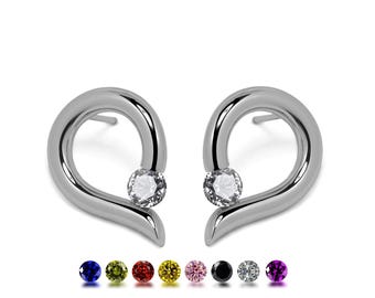 ONDE tubular teardrop shaped earrings with tension set white sapphire in stainless steel