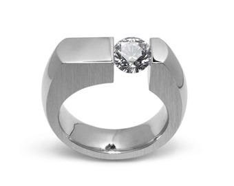 Tension Set White Sapphire Ring | Off‑Centered  Flat-Top Stainless Steel | Colonna Design
