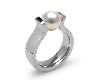 LYRE High setting ring with tension set white pearl in stainless steel