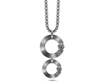 ABBRACCI double flat circle pendant with tension set white sapphires in stainless steel