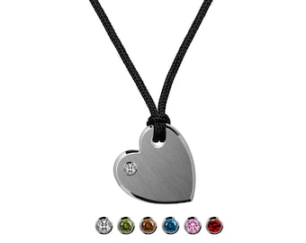 CUORE sideway flat heart tag pendant with gemstones and textile cord in stainless steel