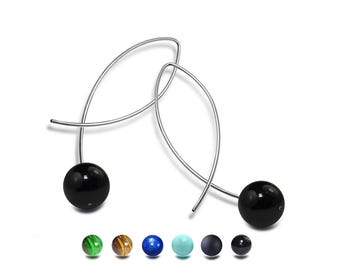 FILO Oblong thin wire drop earrings with semiprecious sphere in stainless steel