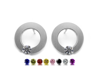 ABBRACCI tension set round flat stud earrings with tension set gemstones in stainless steel