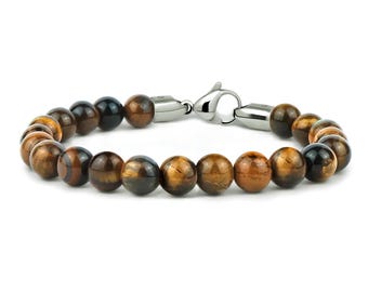 SPIRITUAL 8mm Tiger's Eye Beads Bracelet in Stainless Steel by