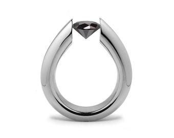ALBA tubular tapered high setting ring with tension set black diamond in stainless steel