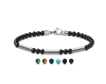 SPIRITUAL 4mm Black Onyx beads bracelet with tube elements in stainless steel
