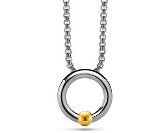 LUNA round tubular pendant hanging on a chain or cord with tension set gold sphere in stainless steel